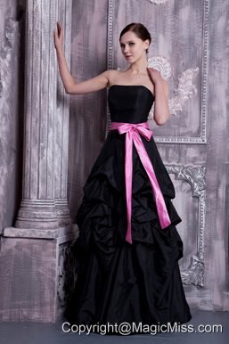 Black A-line Strapless Floor-legnth Taffeta Sash and Pick-ups Bridesmaid Dress