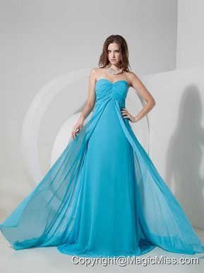Aqua Blue Empire Sweetheart Brush Train Chiffon Ruch Prom Dress
