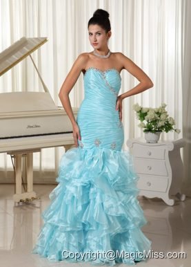 Ruched Bodice and Ruffles 2013 Mermaid Baby Blue Prom Dress Sweetheart