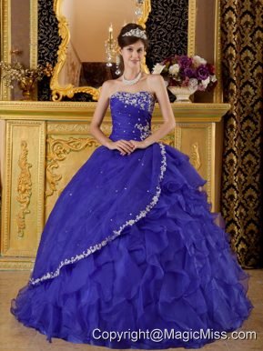 Bule Ball Gown Strapless Floor-length Organza Appliques Bule Quinceanera Dress