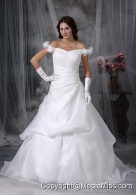 Elegant A-line Off The Shoulder Sweep Train Taffeta and Organza Appliques With Beading Wedding Dress