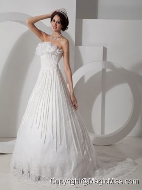 Modest A-line Strapless Brush Train Satin Appliques Wedding Dress