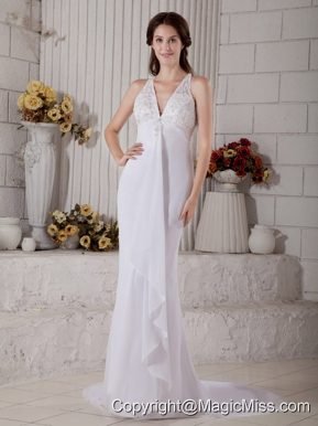 Impression Mermaid V-neck Brush Train Chiffon Lace and Beading Wedding Dress