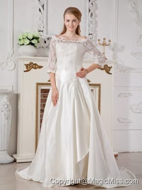 Brand New A-line Off The Shoulder Court Train Taffeta Lace Wedding Dress