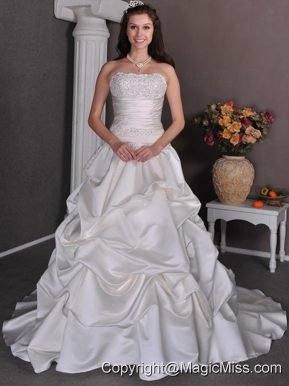 Luxurious A-line Strapless Chapel Train Taffeta Beading and Pick-ups Wedding Dress