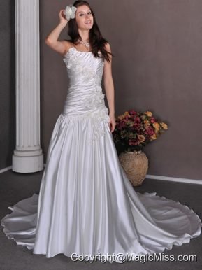 Gorgeous A-line Strapless Chapel Train Taffeta Hand Made Flowers Wedding Dress