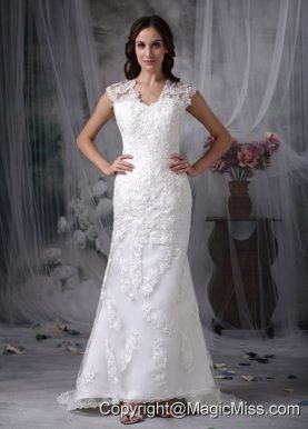 Beautiful Column V-neck Brush Train Lace Wedding Dress