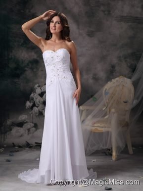 Romantic Column Sweetheart Brush Train Chiffon Beading Wedding Dress