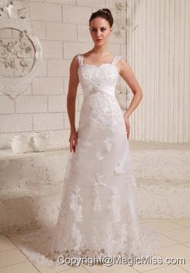 Luxurious Straps Column Lace and Satin Wedding Dress With Beading Brush Train