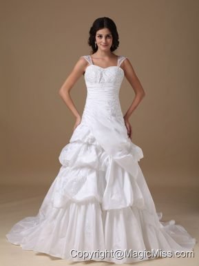 Modest A-line Straps Court Train Taffeta Appliques Wedding Dress