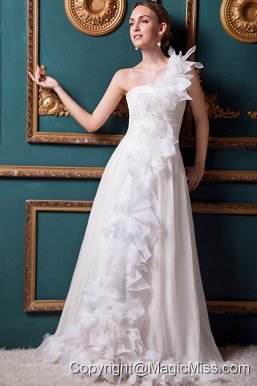 Elegant A-line One Shoulder Brush Train Organza Ruffles Wedding Dress