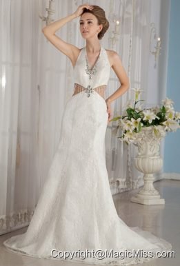 Exclusive Trumpet / Mermaid Halter Watteau Train Tulle Rhinestone Wedding Dress