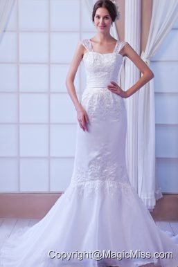 Exquisite Mermaid Straps Court Train Organza Appliques Wedding Dress