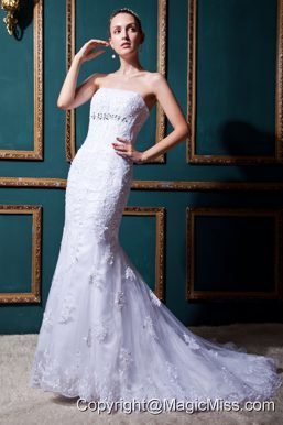 Modest Mermaid Strapless Brush TrainTulle Beading Wedding Dress