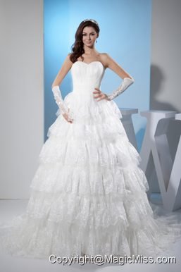 Ruffled Layers Sweetheart A-line Court Train Wedding Dress with Lace