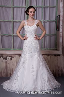 Luxurious A-line Straps Court Train Taffeta and Lace Beading Wedding Dress