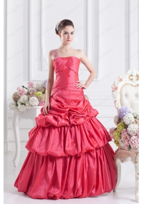 Cheap Coral Red One Shoulder Ball Gown Quinceanera Dress with Pick Ups