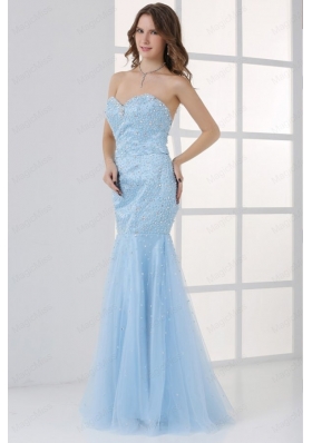 Mermaid Sweetheart Floor Length Light Blue Prom Dress with Beading