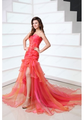A Line Hot Pink Sweetheart Ruching and Beading Court Train  Prom Dress