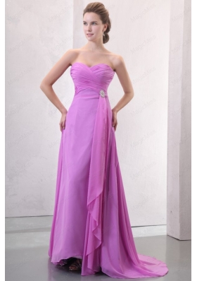 Lilac Empire Sweetheart Ruched Bridesmaid Dress with Brush Train