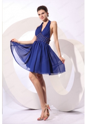 Royal Blue Halter Top Knee Length Prom Dress with Beading