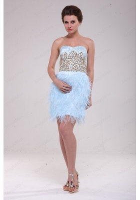 Column Light Blue Sweetheart Feather Sequins Satin Prom Dress