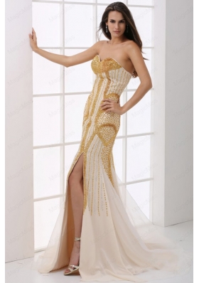 Sweetheart Column Champagne Beaded Decorate Prom Dress