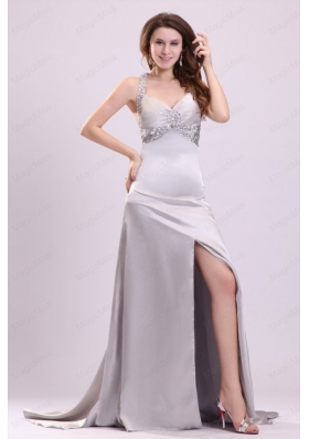 Column Straps Beading and Ruching High Slit Watteau Train Prom Dress