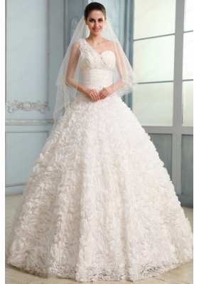 One Shoulder Brush Train Wedding Dress with Beading and Ruffles