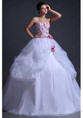 Ball Gown Sweetheart Organza Wedding Dress with Red Embroidery