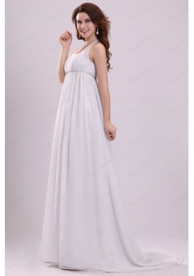 Halter Top Neck Chiffon Empire Beading Wedding Dress with Sweep Train