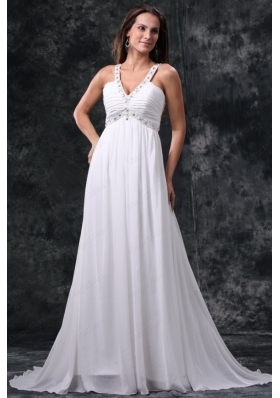 Empire V Neck Beading and Ruching Zipper Up Chiffon Wedding Dress