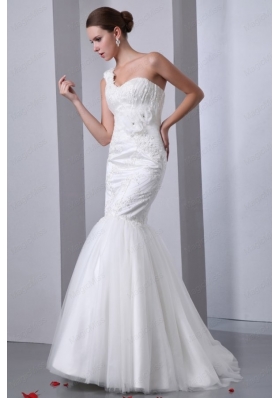 Mermaid One Shoulder Appliques Brush Train Lace Up Tulle Wedding Dress