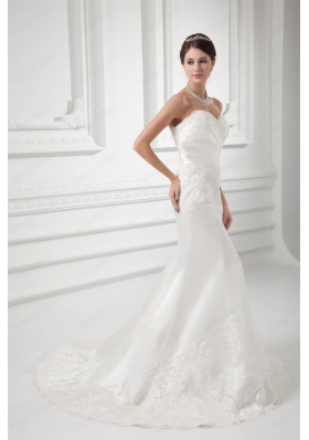 Column Sweetheart Appliques Court Train Satin  Wedding Dress