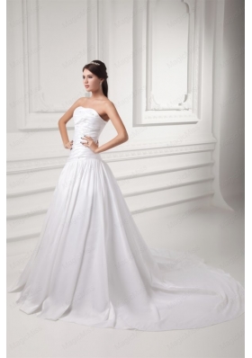 Gorgeous A Line Strapless Chapel Train Wedding Dress with Beading