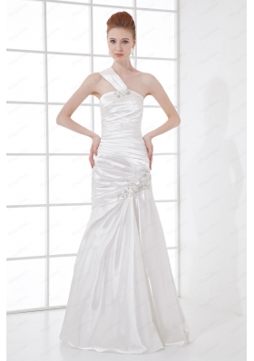 Simple Column One Shoulder Taffeta Ruching Beading White Wedding Dress