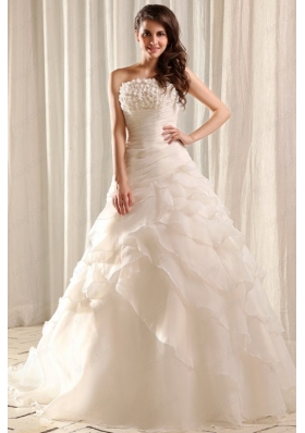 Strapless A Line Hand Made Flowers Sweep Train Wedding Dress