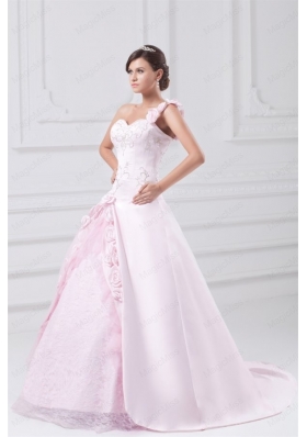 Flowers One Shoulder Baby Pink Wedding Dress with Embroidery