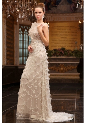 Unique Empire Bateau Brush Train Wedding Dress with Special Fabric