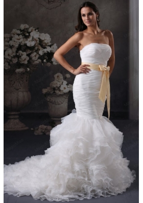 Luxurious Mermaid Strapless Ruching and Sash Court Train Organza Wedding Dress