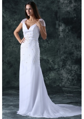 Column V-Neck Cap Sleeves Brush Train Zipper Up Chiffon Wedding Dress