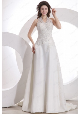 Halter Top Neck Empire Court Train Wedding Dress with Appliques