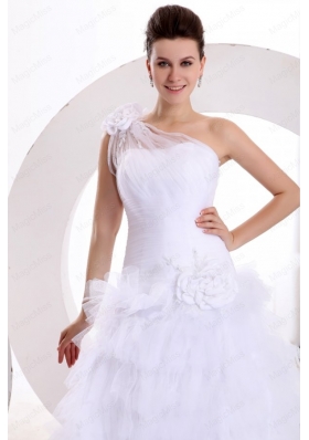 One Shoulder Appliques and Hand Made Flowers Tulle Wedding Dress