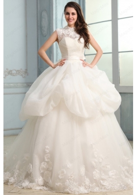 Ball Gown High Neck Beading and Flowers Wedding Dress with Organza