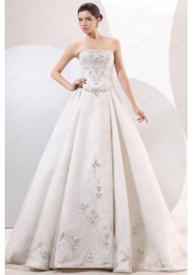 Strapless A Line Embroidery and Beading Wedding Dress with Chapel Train