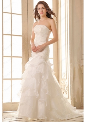 Mermaid Strapless Organza Beaded Decorate Brush Train Wedding Dress