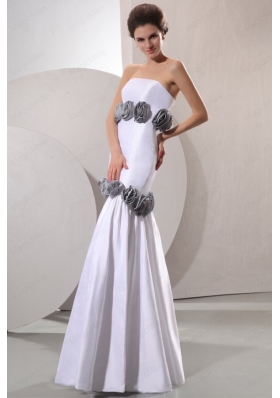 Column Strapless Floor Length Wedding Dress with Gray Hand Made Flowers