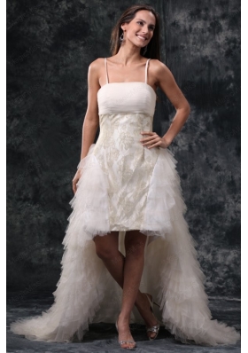 Column Straps High Low Beading Tulle Wedding Dress