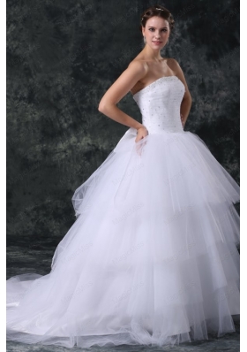 Ball Gown Strapless Court Train Beading Lace Up Tulle Wedding Dress