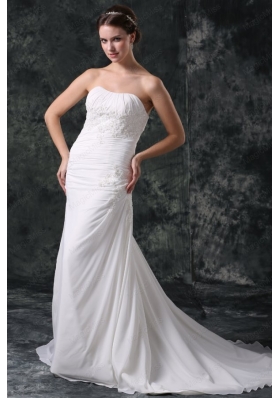 Column Strapless Beading Chiffon Court Train Lace Up Wedding Dress